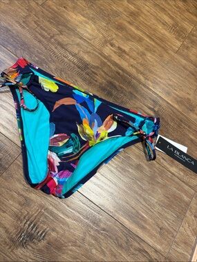 La Blanca Navy Floral Side-Tie Bikini Bottom with Turquoise Lining